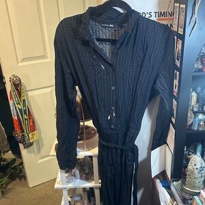 Marimekko Navy Patterned Long Button Up Jumpsuit with Pockets